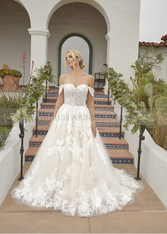 Ivory Delicate Lace Tulle Unique Wedding Dress With Removable Straps